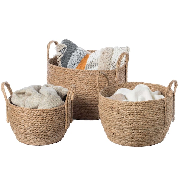 Vintiquewise Decorative Round Wicker Woven Rope Storage Blanket Basket with Braided Handles , PK 3 QI003835.3 - main